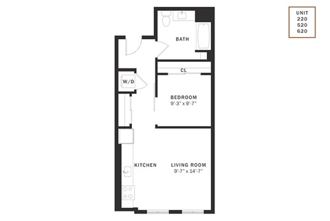 Floor plan for 1 bed, 1 bath, 601 sqft